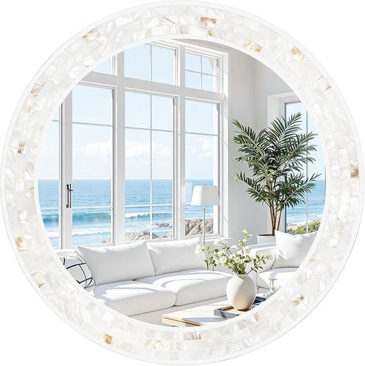 Tanmicoshomy Round Bathroom Mirror 28 Inch,Circle Mosaic Wall Mirrors with Natural Shell Frame, Decorative Coastal Mirrors for Bathroom Bedroom Living Room or Entrayway