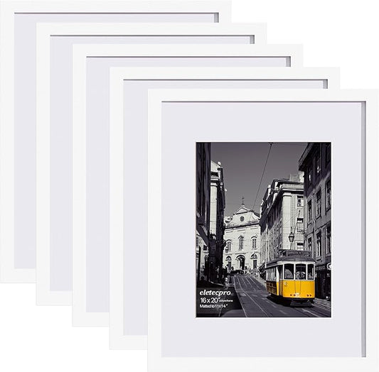 eletecpro 16x20 Picture Frames Set of 5, Gallery Wall Frames Display 11x14 Photo with Mat or 16x20 without Mat, Picture Frame Collage Wall Decor for Wall Mounting, White