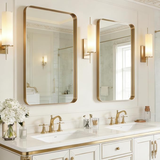 USHOWER Gold Bathroom Mirrors 24"x36" 2 Pack, Brushed Gold Rectangle Mirrors for Over Sink, Aluminum Frame, Anti-Rust, Tempered Glass, Horizontal or Vertical Mounted, Champagne Gold (Neutral Gold)