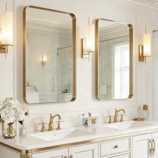 USHOWER Gold Bathroom Mirrors 24"x36" 2 Pack, Brushed Gold Rectangle Mirrors for Over Sink, Aluminum Frame, Anti-Rust, Tempered Glass, Horizontal or Vertical Mounted, Champagne Gold (Neutral Gold)