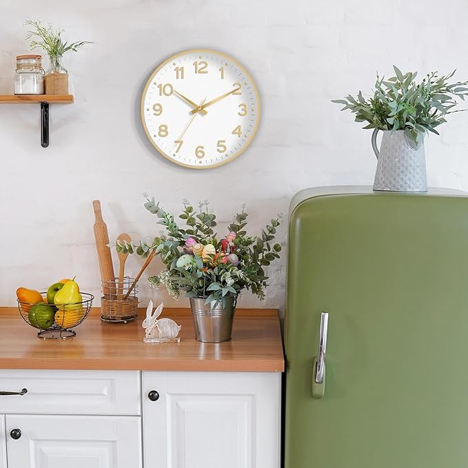 Wall Clock 12 Inch Silent Wall Clocks Battery Operated-Modern Non Ticking Analog Clock Decorative for Kitchen Bedroom Office (White Gold)