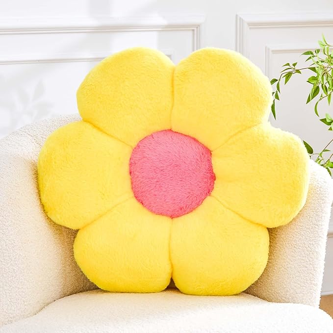 Kcvvcr Flower Pillow Cute Decorative Throw Pillow with Faux Rabbit Fur Soft Daisy Plush Floor Cushion Aesthetic Flower Shaped Pillow Home Decor for Bed Sofa Couch (Yellow 19.6 Inch)