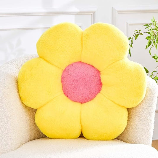 Kcvvcr Flower Pillow Cute Decorative Throw Pillow with Faux Rabbit Fur Soft Daisy Plush Floor Cushion Aesthetic Flower Shaped Pillow Home Decor for Bed Sofa Couch (Yellow 14.9 Inch)