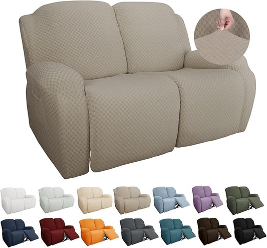 YEMYHOM 6 Pieces Stretch Loveseat Recliner Slipcover Jacquard Recliner Sofa Cover with Side Pocket Fitted Recliner Cover Couch Furniture Protector with Elastic Bottom (Medium, Khaki)