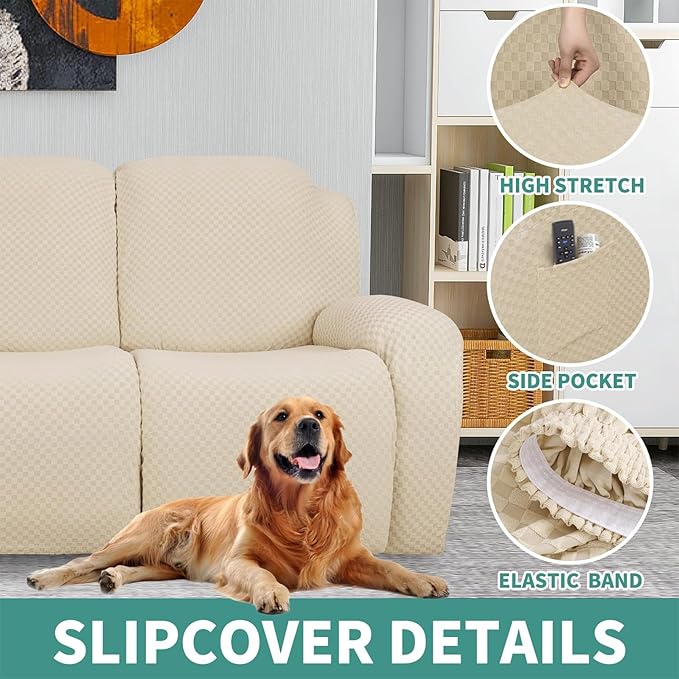 YEMYHOM 4 Pieces Stretch Recliner Slipcover Latest Jacquard Recliner Chair Cover with Side Pocket Anti-Slip Fitted Recliner Cover Couch Furniture Protector with Elastic Bottom (Recliner, Beige)