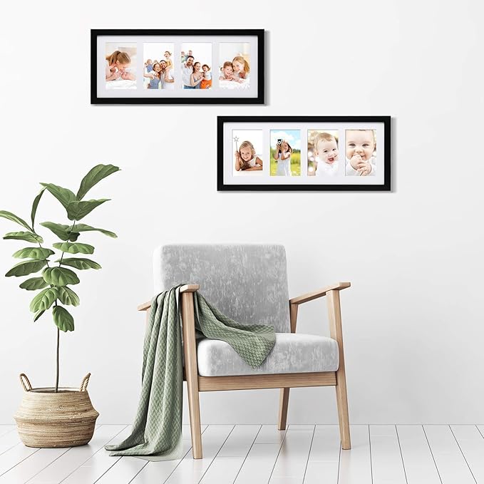 Egofine 8x20 Picture Frames Set of 2, with 4 Opening for 4x6 Pictures, Display Multiple 4x6 Pictures, Wood Collage Frame Covered by Plexiglass Wall Mounting Horizontal or Vertical, Black