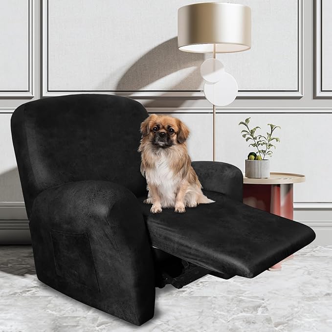 ANARACHON Leather Look Recliner Chair Covers Stay in Place 4-Piece Recliner Slipcovers for Reclining Chair Furniture Protector Spandex Fabric Washable (X-Large, Black)