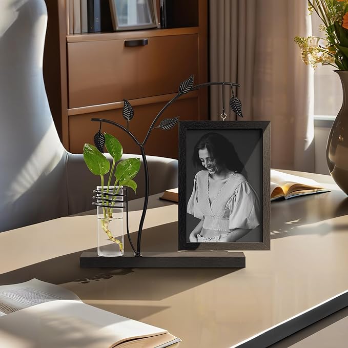 Sapowerntus 5x7 Picture Frames Black Family Desk Office Modern Photo Frame, Water Plants Flowers Floating Double Glass Vase Tabletop Standing Home Decor, Wedding Grandma Mother Mom Gift
