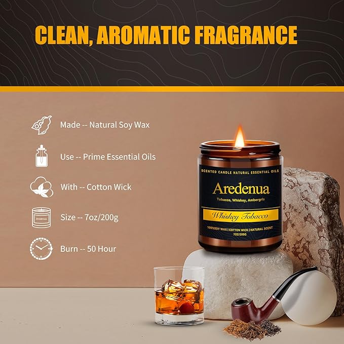 Whiskey Tobacco Candle – Manly Scented Candle for Men, Masculine Soy Candles with Whiskey & Tobacco Aroma, Long Lasting Rustic Candles for Home, Bar, Office, Lounge, Gift for Men