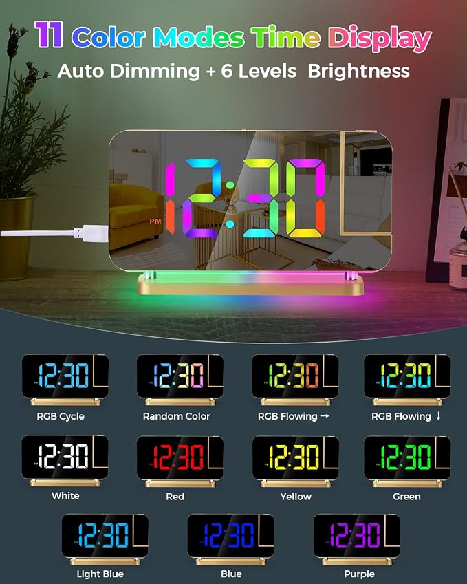 SZELAM Projection Alarm Clock, 7.4 in Digital Mirror Clocks,with 180° Rotatable Projector, RGB Night Light,USB C Charger Port, Auto Dimmer, LED Desk Clock for Bedroom - Image 3