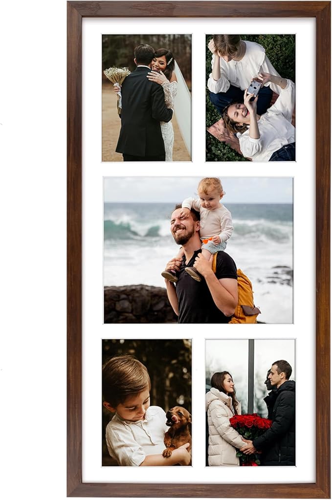 12x24 Brown Wood Picture Frame - White Mat for 8x10 and 5x7 Photos - Real Glass, Sawtooth Hanger, Swivel Tabs - Wall Mounting - Great for Posters, Weddings, and Engagements