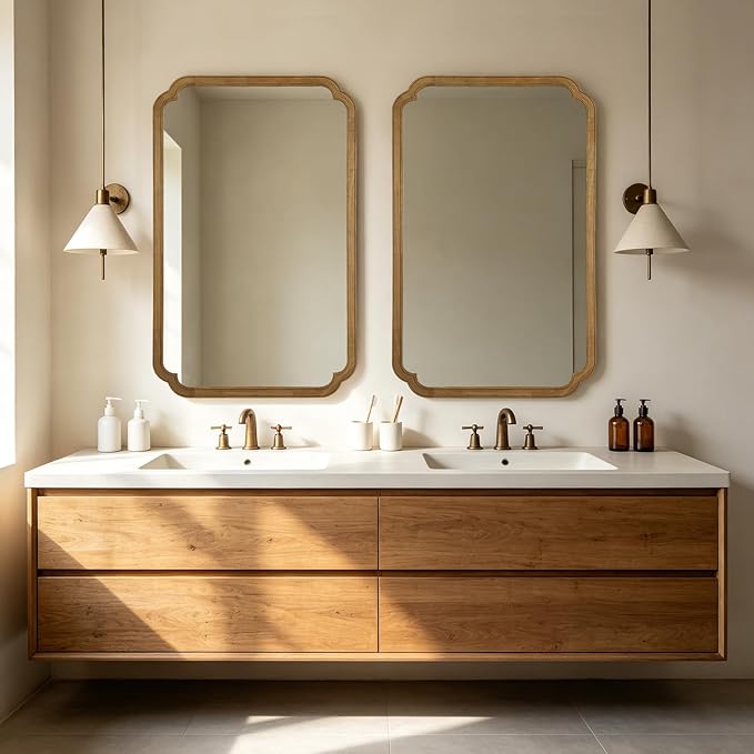 WallBeyond 30" x 48" Wood Bathroom Mirror for Wall Mounted, Rustic Rounded Corner Vanity Mirror for Entryway, Living Room or Bedroom Home Decorative [30" x 48" Natural Color]