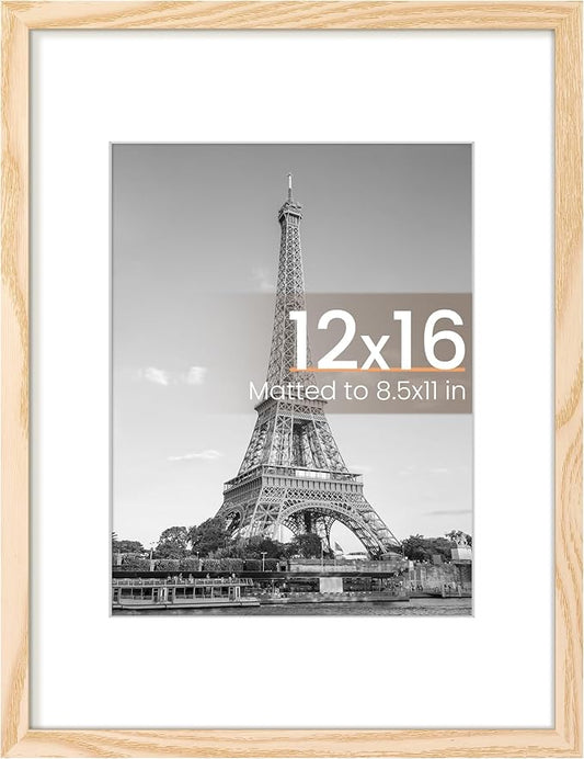 upsimples 12x16 Picture Frame, Display Pictures 8.5x11 with Mat or 12 x 16 Without, Wall Hanging Poster Frames, Natural, 1 Pack