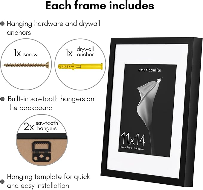 Americanflat 11x14 Picture Frame with Shatter-Resistant Glass - Use as 8x10 Frame with Mat or Display 11x14 Photo Without Mat - Soho Collection - Deep Molding Picture Frames for Wall Display - Black