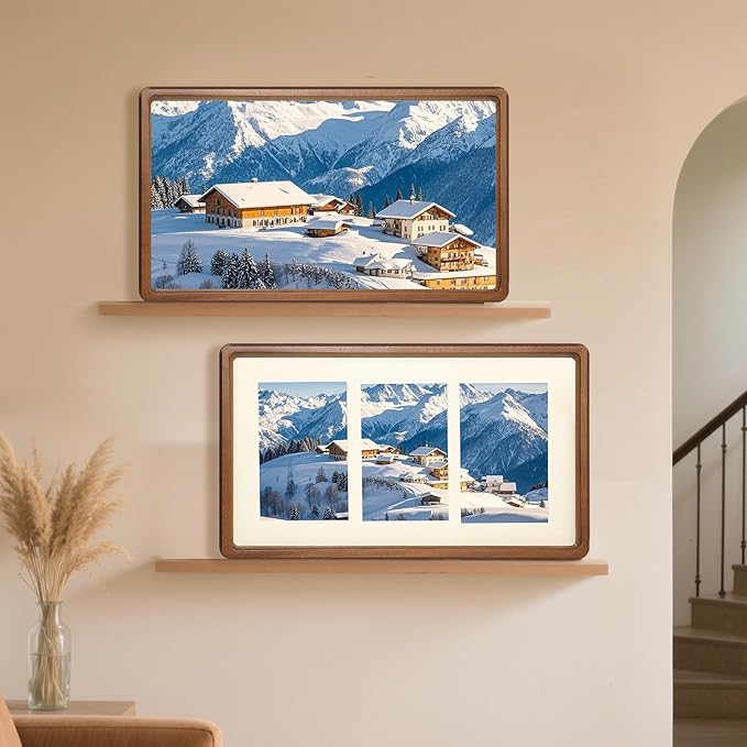 8x14 Collage Picture Frame Walnut Wood, Multiple Three 4x6 Photos or 8x14 without Mat, Rustic Photo Frame with Tempered Glass Hanging Displaying Horizontally or Vertically