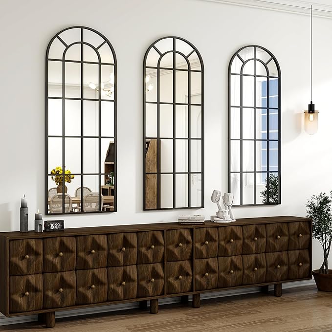 24"×65" Windowpane Arched Full Length Mirror, Grid-Designed Decorative Farmhouse Full Body Floor Mirror with Metal Frame Hanging Leaning for Entryway, Living Room, Home Decor, Black