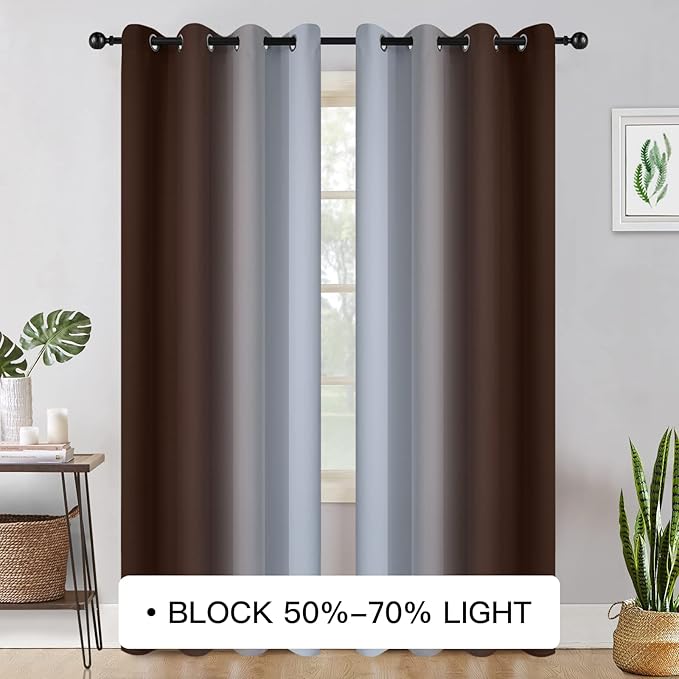COSVIYA Grommet Ombre Room Darkening Curtains 96 inch Long, Brown and Grayish White Gradient Drapes Light Blocking Insulated Thermal Window Curtains for Bedroom/Living Room,2 Panels,52x96 inches
