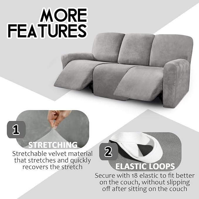 ULTICOR Velvet 8-Pieces Recliner Sofa Covers Stretch Reclining Couch Covers for 3 Cushion Reclining Sofa Slipcovers Furniture Covers Thick Soft Washable (3 Seater Recliner Cover, Light Grey)
