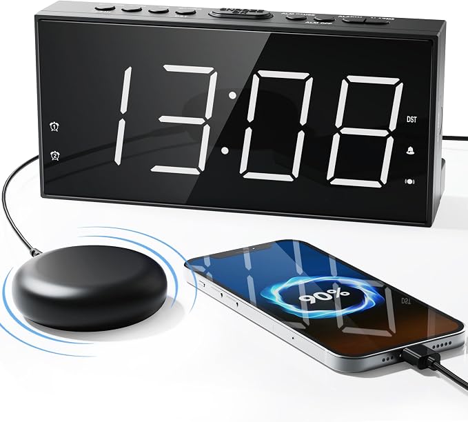 Alarm Clock for Heavy Sleepers with Bed Shaker, Vibrating Alarm Clock | Dual Alarms, USB Charger, 7.5" Large LED Display, 5 Dimmer, Snooze, 12/24H &DST, Plug in Clock with Memory Function by Roxicosly