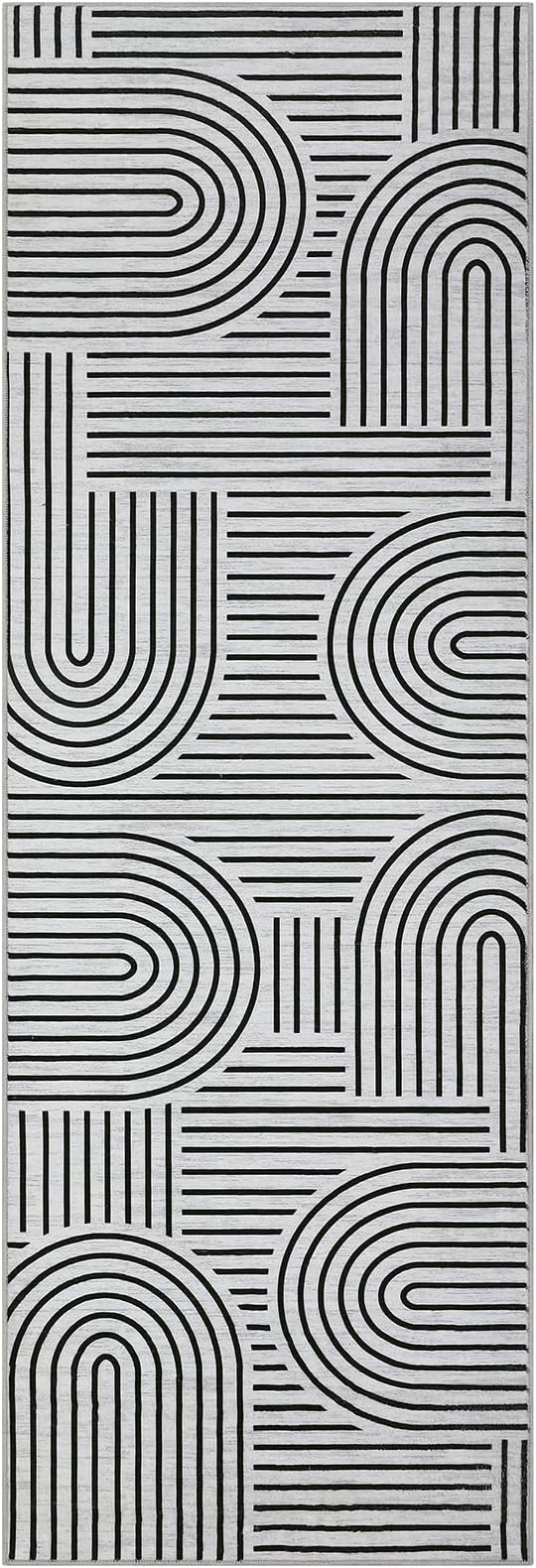 Modern Rug 2.5x10 Runners for Hallways, Abstract Kitchen Runner Rugs Non Slip Bath Runner, Rainbow Washable Rug for Bedroom, Soft Long Rugs for Entryway Bathroom Laundry Dorm, Blackwhite
