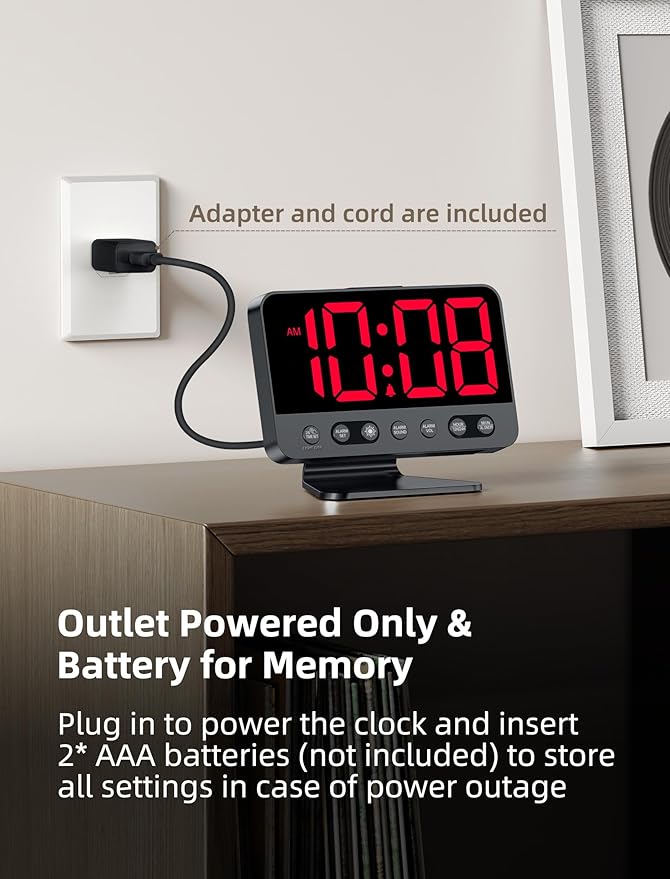 Odokee Digital Alarm Clocks for Bedrooms with Large Bold Number | Electric Desk Clock with Night Light & Brightness Dimmer - Loud Alarm for Heavy Sleepers with Adjustable Volume - Red - Image 6