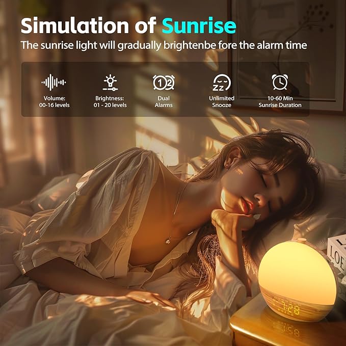 Geuuap Sunrise Alarm Clock, Noise Sound Machine Night Light, Wood Grain | 25 Soothing Sounds, 17 Dimmable lights, Dual Independent Alarms, Unlimited Snooze, Bluetooth Speaker, Backup Battery Memory - Image 5