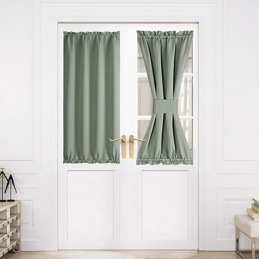NICETOWN Christmas Blackout Door Curtain, Thermal Insulated Blackout Window Cover for French & Front Doors with Adjustable Tieback, Room Darkening Shade for Privacy, Greish Green, W30 x L50, 1 Panel