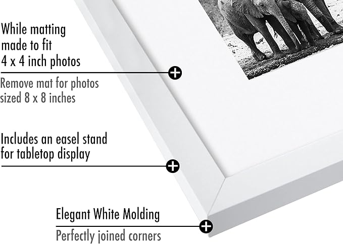 Americanflat 8x8 Picture Frame with Shatter-Resistant Glass - Use as 4x4 Frame with Mat or Display 8x8 Photo Without Mat - Signature Collection - Square Frames for Tabletop and Wall Display - White