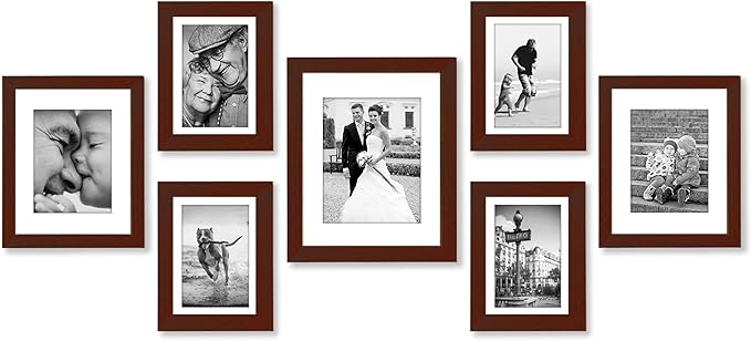 Americanflat Set of 7 Picture Frames with Shatter-Resistant Glass - Gallery Wall Frame Set with One 11x14, Two 8x10 and Four 5x7 Frames - Signature Collection - Mahogany