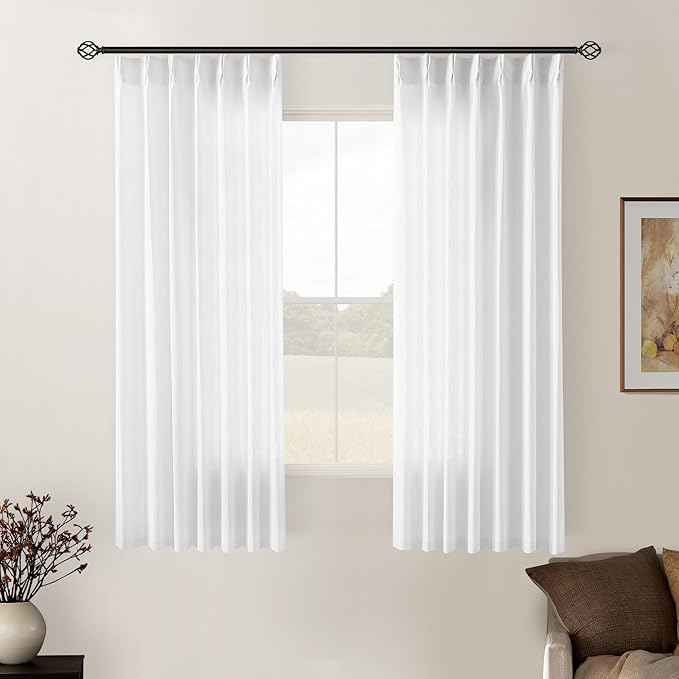 TWODRAPES Snow White Pinch Pleated Linen Curtains 2 Panels for Living Room Bedroom Memory Training Shaped Semi Sheer Pleat Drapes with Hooks Rings Light Filtering Window Curtain 40x54