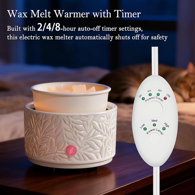 ElusiaKa Electric Wax Melt Warmer with Timer & Silicone Liner, 3-in-1 Ceramic Scented Wax Burner for Home Aromatherapy, Fast Melting Fragrance Warmer for Essential Oils & Wax Cups, Flame for Women