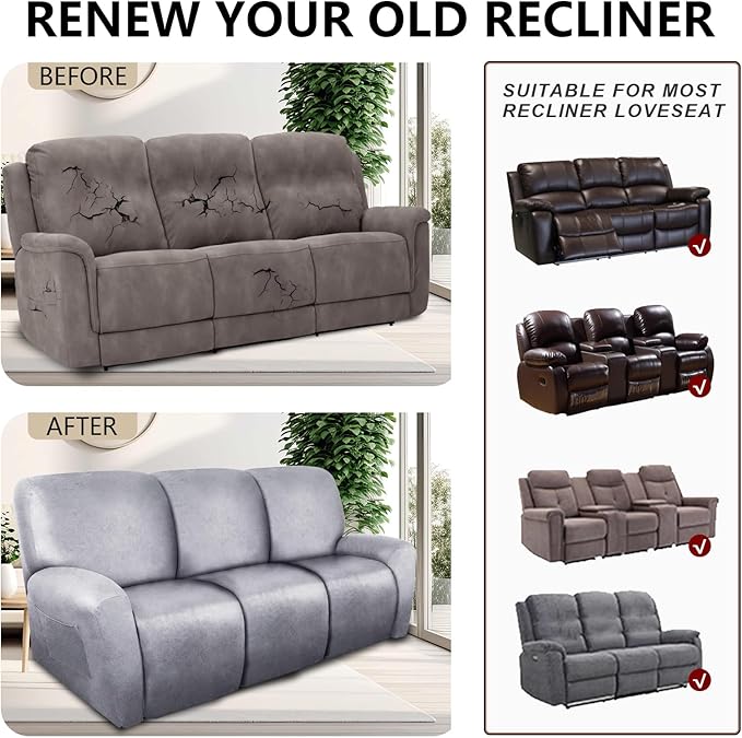 ANARACHON Recliner Couch Cover Leather Look Recliner Sofa Covers for 3 Cushion Reclining Sofa Slipcovers 8-Pieces Furniture Protector Spandex Fabric Washable (3 Seater, 01 Marbling)