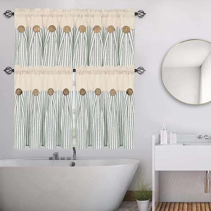 ASPMIZ Cotton Linen Kitchen Curtains 24 Inch Length Tier Curtain for Small Window Treatment, Boho Button Half Window Curtain Farmhouse, Green Stripe Rod Pocket Short Curtains for Window, 2 Panels