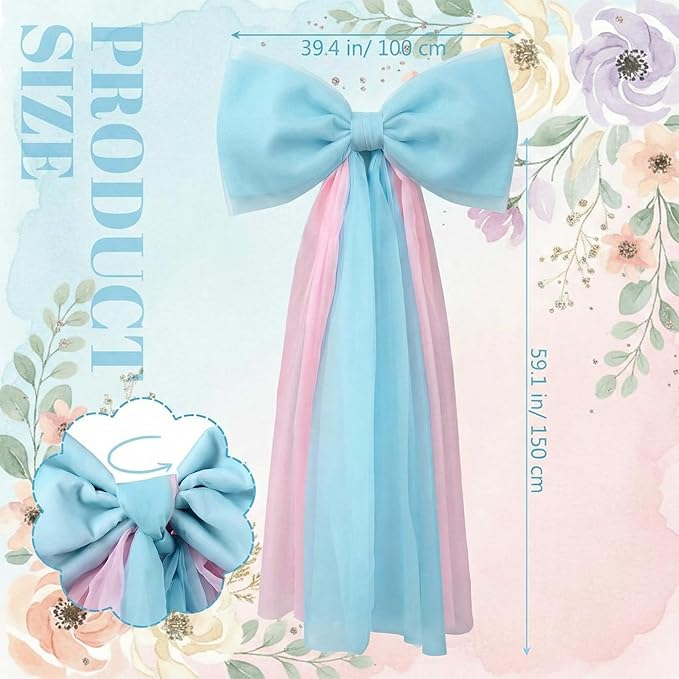 Canlierr Extra Large Pink and Blue Organza Bow Decorations 39 x 59 Inch Giant Pink Blue Tulle Bow with Tie and Long Ribbon Tails for Wedding Valentines Party Backdrop Coquette Room Wall Decoration