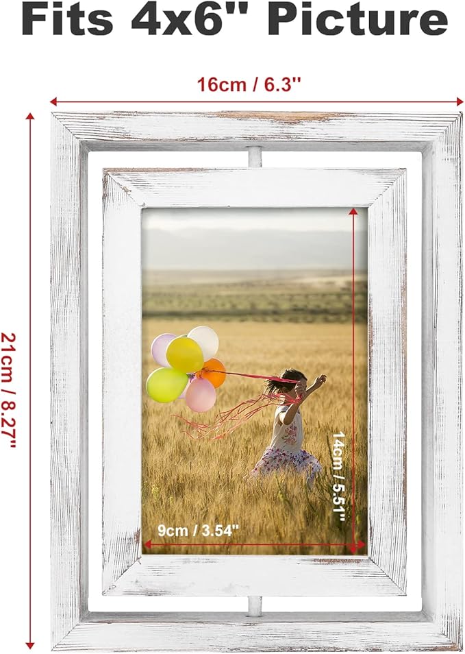 Egofine 2 Pack 4x6 Rotating Floating Picture Frames,Double-Sided Display with HD Glass Front Wooden Distressed Frame for Vertical or Horizontal Tabletop Display, White