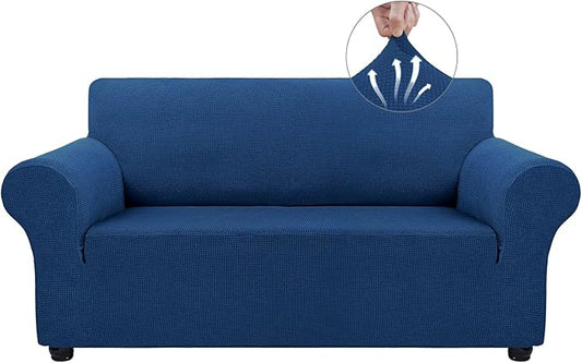 Asnomy Sofa Covers for 2 Cushion Couch Stretch loveseat Covers Slipcovers, Pet Protector Furniture Covers for Dogs Cats Spandex Jacquard Fabric Small Checks （Medium，Classic Blue）