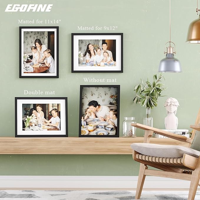Egofine 12x16 Picture Frames Black Set of 2, Solid Wood Frames Covered by plexiglass, Display photos 9x12/11x14 with Mat or 12x16 without mat, for Wall Mounting