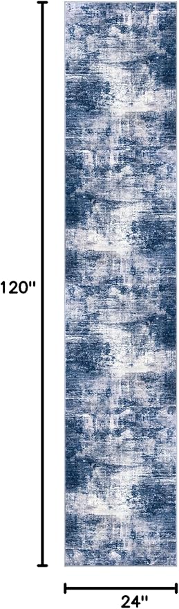 IOHOUZE Abstract Runner Rug 2x10 Ft Washable Runners for Hallways, Non Slip Kitchen Runner Printed Faux Wool Entryway Runner Indoor, Modern Abstract Floor Carpet for Hall Kitchen, Navy/Grey