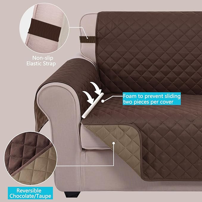 U-NICE HOME Loveseat Sofa Cover Reversible Couch Cover for Dogs with Elastic Straps Water Resistant Furniture Protector for Pets Couch Cover for 2 Cushion Couch (Loveseat, Chocolate/Taupe)