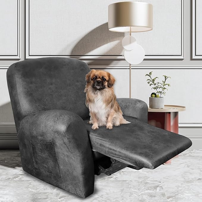 ANARACHON Leather Like Recliner Chair Covers Heavy Duty, 4 Pieces Recliner Cover for Recliner Chair, Leather Cover for Recliner slipcovers Washable for Pets (Light Grey 2)