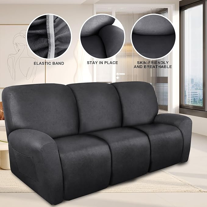 ANARACHON Recliner Couch Cover Leather Look Recliner Sofa Covers for 3 Cushion Reclining Sofa Slipcovers 8-Pieces Furniture Protector Spandex Fabric Washable (3 Seater, 01 Dark Gray)