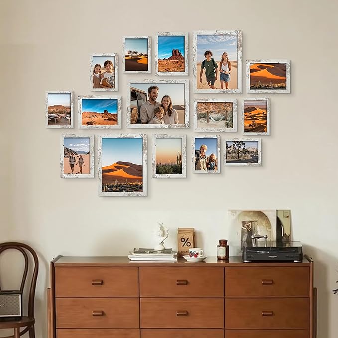 BESCRCL 15 Pack Real Glass Picture Frames Collage Wall Decor, Including 3pcs 8x10, 6pcs 5x7, 6pcs 4x6 Photo Frames for Gallery Wall or Tabletop Display, Distressed White