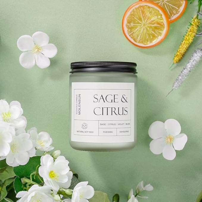 Sage & Citrus Scented Candles, Aromatherapy Jar Candle, 7 oz Long Lasting Candles, Soy Wax Candle Gift for Women