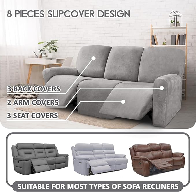ULTICOR Velvet 8-Pieces Recliner Sofa Covers Stretch Reclining Couch Covers for 3 Cushion Reclining Sofa Slipcovers Furniture Covers Thick Soft Washable (3 Seater Recliner Cover, Light Grey)