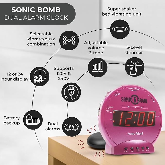 Sonic Alert Sonic Bomb Dual Alarm Clock with Bed Shaker, Pink Vibrating Alarm Clock for Heavy Sleepers, Battery Backup | Wake with a Shake - Image 5