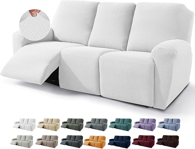 JIVINER 8-Piece Recliner Sofa Covers Stretch Jacquard Couch Covers for Reclining Slipcovers for Living Room 3 Cushion Soft Recliner Protector with Pocket (Sofa Recliner, Off White)