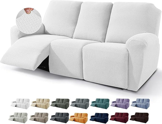 JIVINER 8-Piece Recliner Sofa Covers Stretch Jacquard Couch Covers for Reclining Slipcovers for Living Room 3 Cushion Soft Recliner Protector with Pocket (Sofa Recliner, Off White)