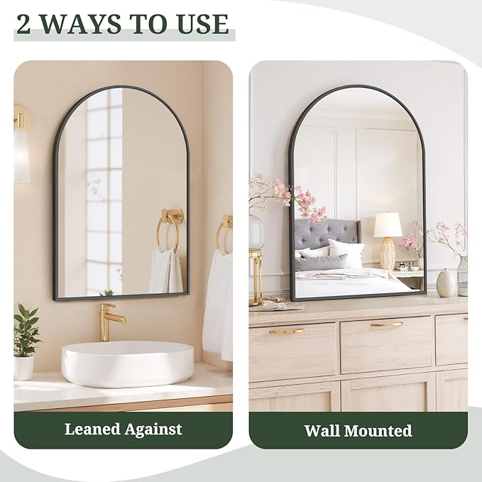Arched Wall Mirror 36x24 Inch Black Bathroom Vanity Mirror with Metal Frame, Modern Arch Mirror for Bedroom, Living Room, Entryway, Wall Mounted Decorative Mirror