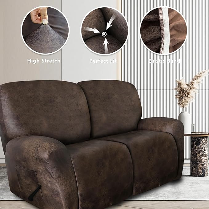 ANARACHON Leather Look Loveseat Recliner Covers Stay in Place 6-Piece Recliner Sofa Slipcover 2 Seater Reclining Couch Cover Furniture Protector Spandex Fabric Washable (Recliner Loveseat, Brown)