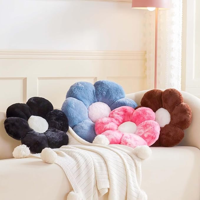 Kcvvcr Flower Pillow Cute Decorative Throw Pillow with Faux Rabbit Fur Soft Daisy Plush Floor Cushion Aesthetic Flower Shaped Pillow Home Decor for Bed Sofa Couch (Dusty Blue, 14.9 Inch)